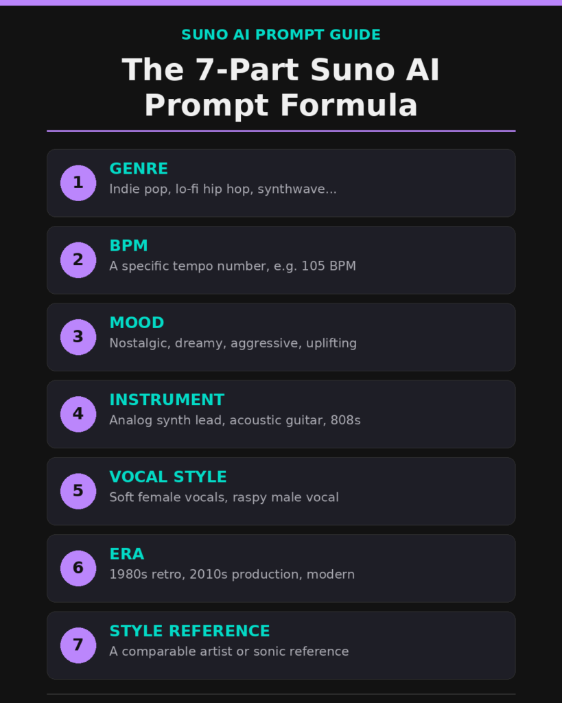 Suno AI prompt guide infographic showing the 7-part prompt formula: genre, BPM, mood, instrument, vocal style, era, and style reference