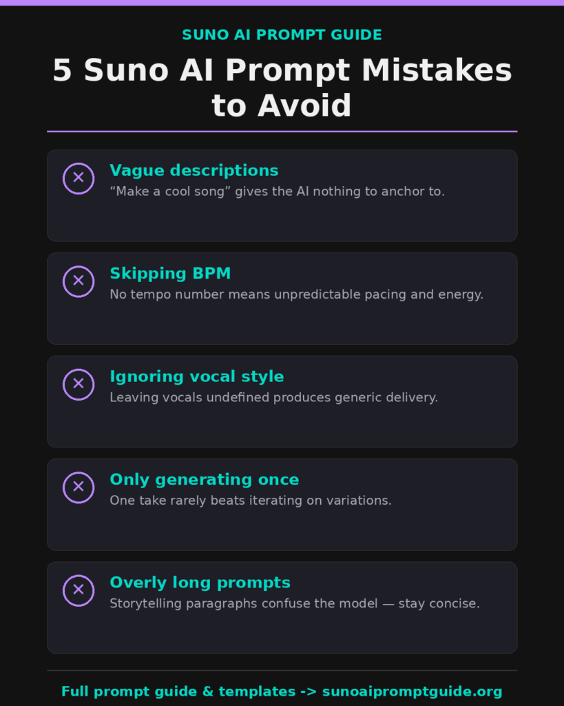 Infographic listing 5 common Suno AI prompt mistakes to avoid, including vague prompts and skipping BPM
