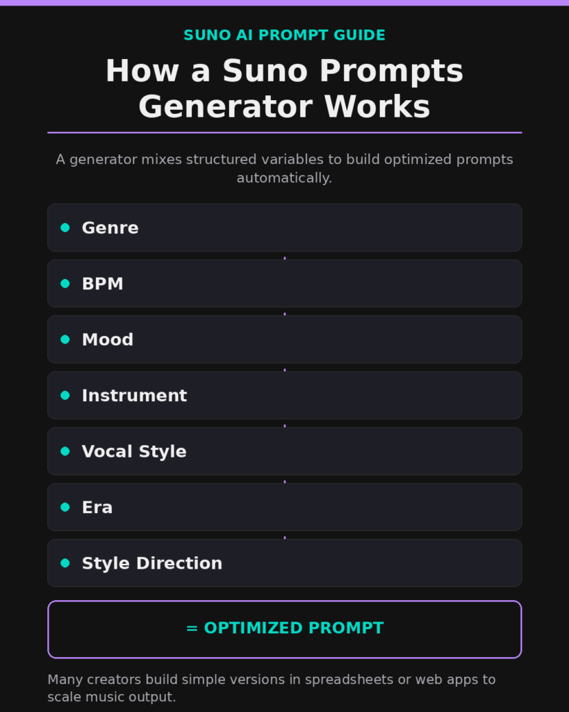 Diagram explaining how a Suno AI prompts generator works by combining genre, BPM, mood, and vocal variables
