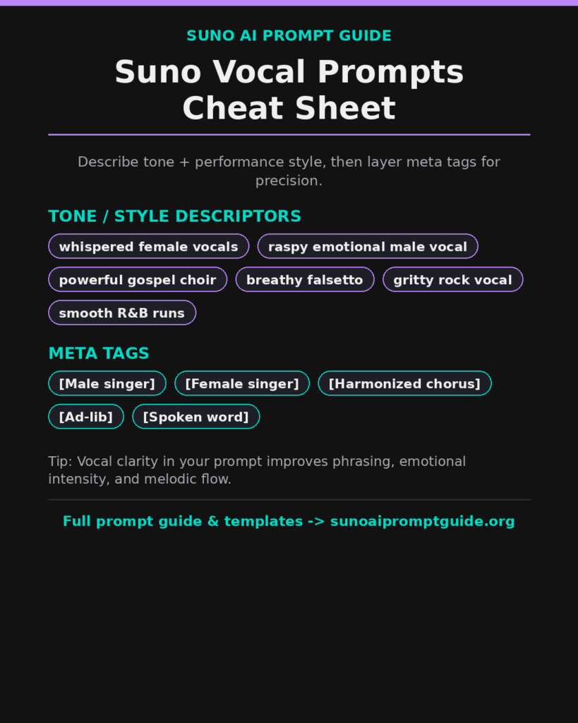 Suno vocal prompts cheat sheet showing tone descriptors and meta tags for controlling AI vocals